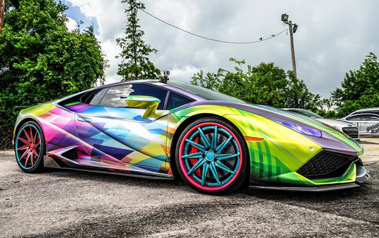 sports car wrapped in colorful graphic film